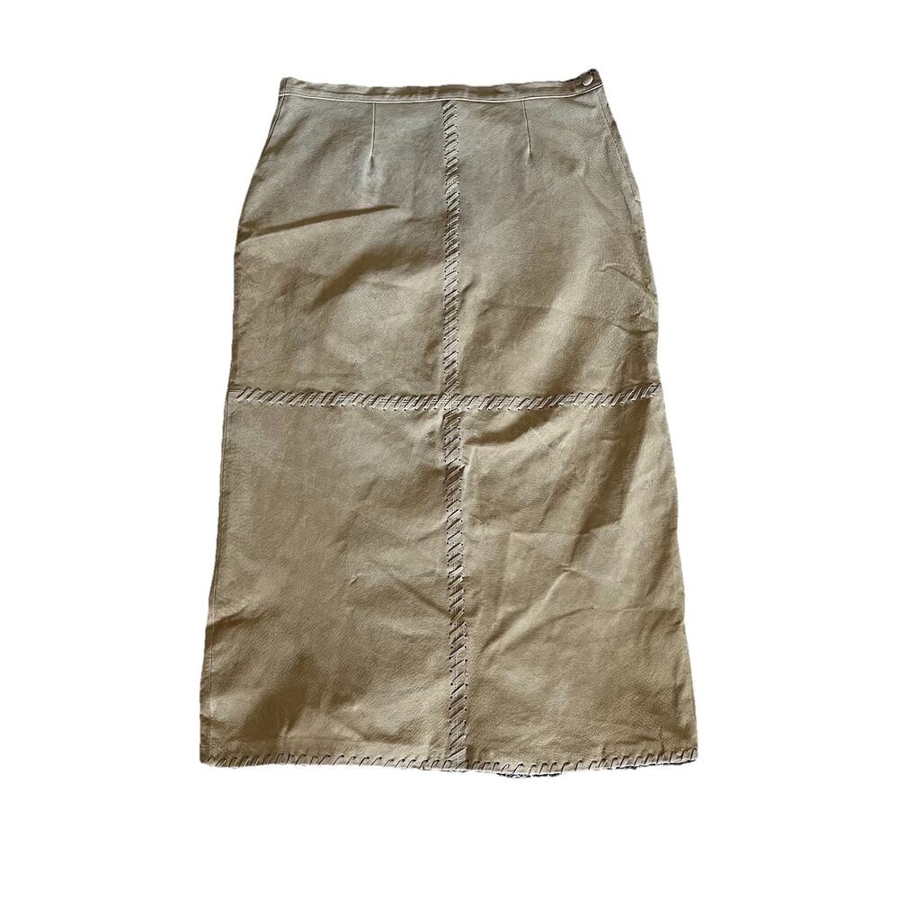Vtg SELENE Leather Midi Skirt Sz L Tan Patch Western Cowgirl 34” Waist